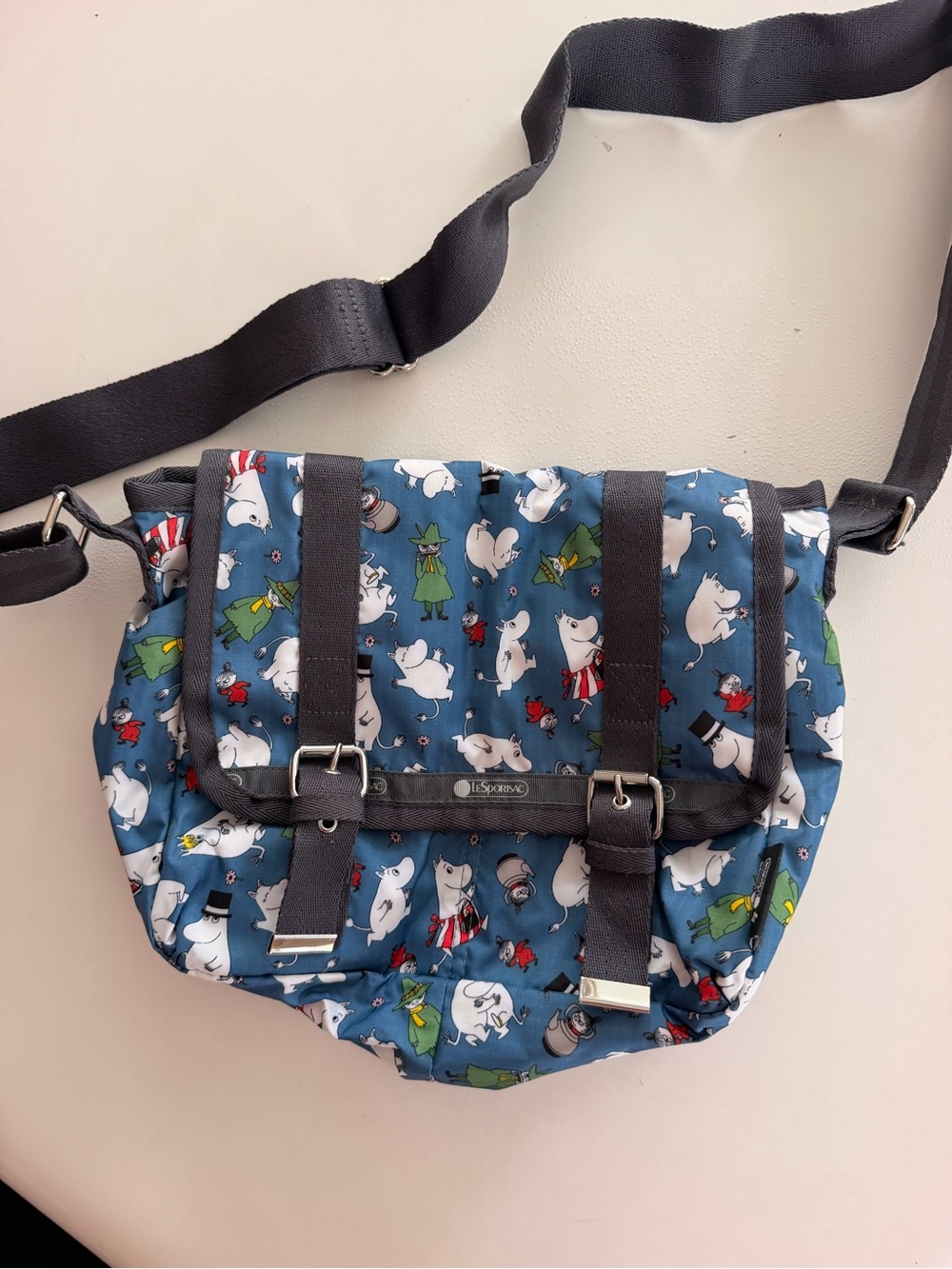 Lesportsac Blue Moomin Pattern Nylon Messenger Bag with Gray Straps